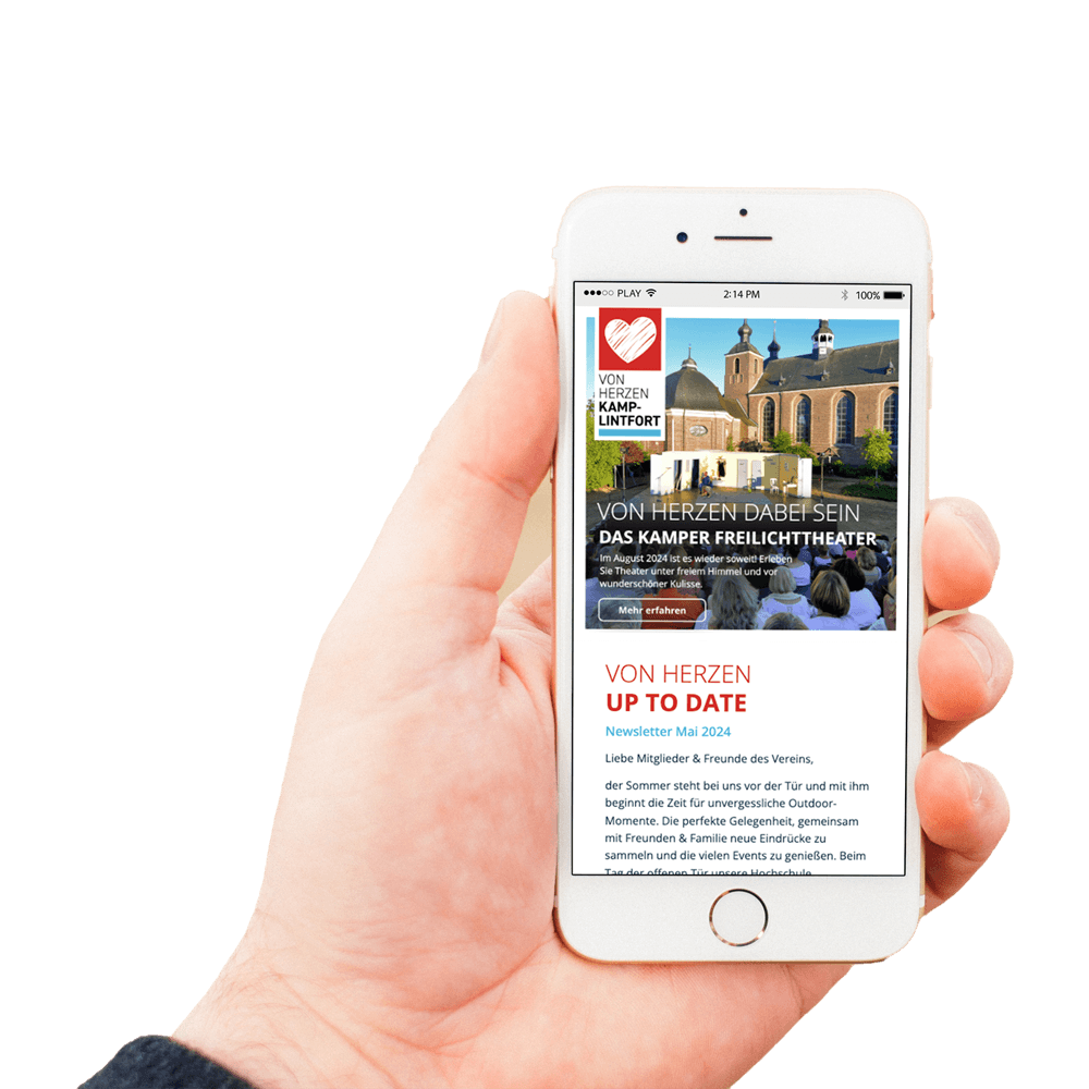 En Smartphone auf dem der Von Herzen Kamp-Lintfort Newsletter zu sehen ist